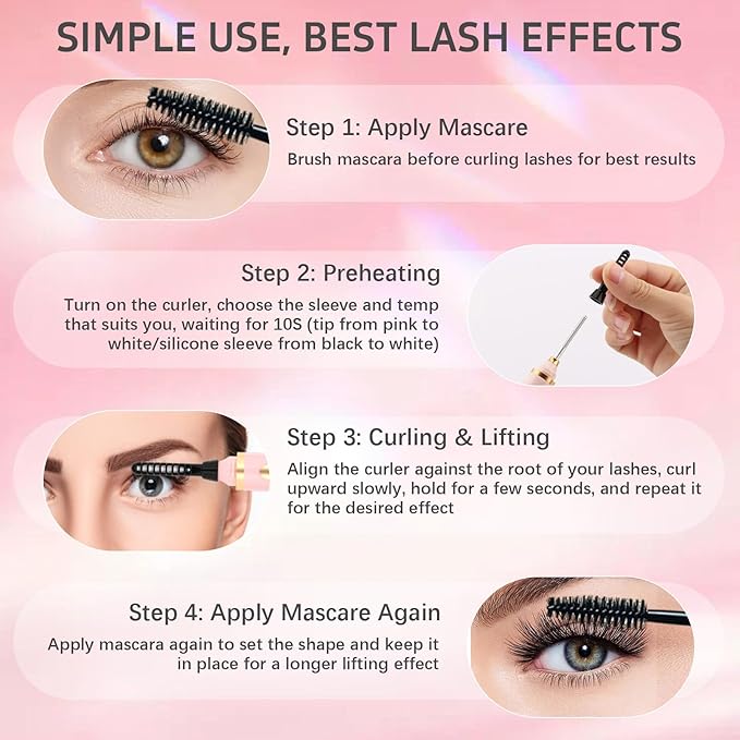 3 in 1 Heated Eyelash Curler, Rechargeable Heated Eyelash Curlers for Women, Electric Lash Curler with 3 Brush Heads, 24H Natural Curling with 3 Temp Settings 10s Fast Heating, Pink