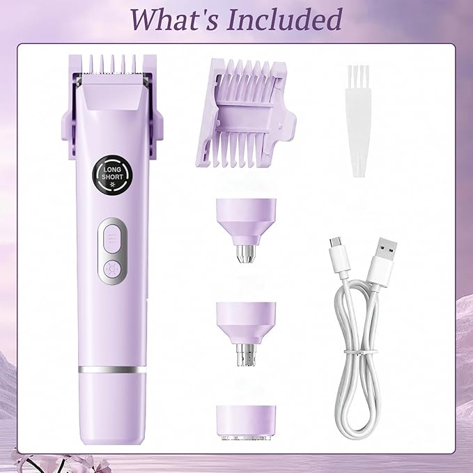 Bikini Trimmer for Women, 4 in 1 Wet/Dry Electric Razors for Women - Dual Head, Painless Rechargeable Portable Womens Razors for Shaving Set for Face, Nose, Eyebrows, Armpits, Bikini Area (Purple)