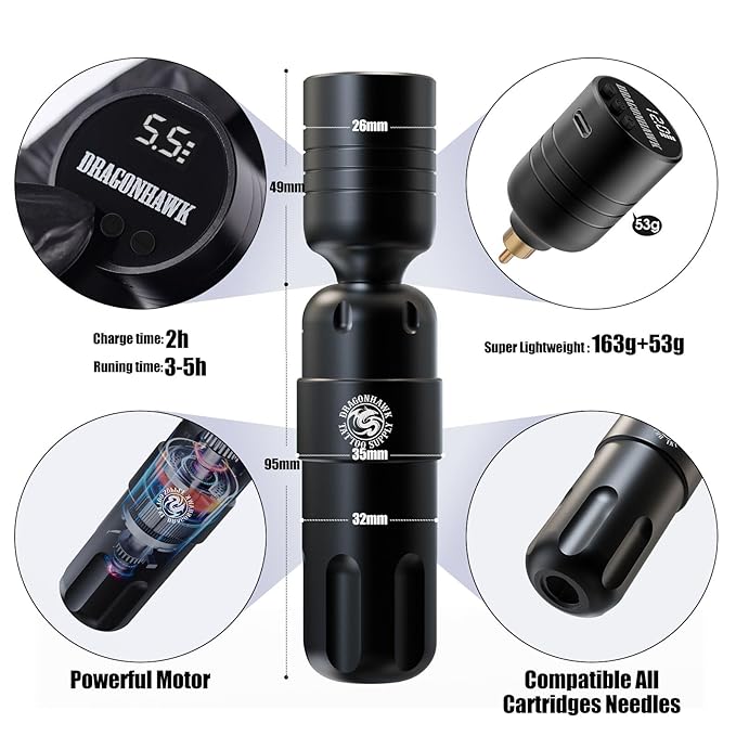 Dragonhawk Complete Tattoo Gun Kit Cordless Tattoo Machine Pen Kit Beginner Pro Tattoo Kit Cartridges Needles Coreless Motor 3.5mm Stroke Length