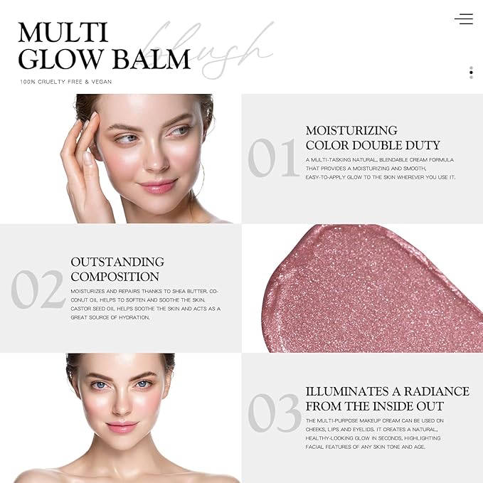 Multi Glow Balm, Cream Blush for Cheeks, Blush (Pink Camellia) 0.63 Oz