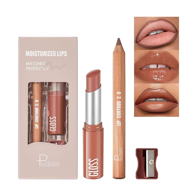 2Pcs Lipstick and Lip Liner Combo, Lip Liner and Lip Gloss Kit for Women, Matte Lip Pencil and Smooth Hydrating Lipstick with Sharpener, Non-Stick Lip Makeup Set