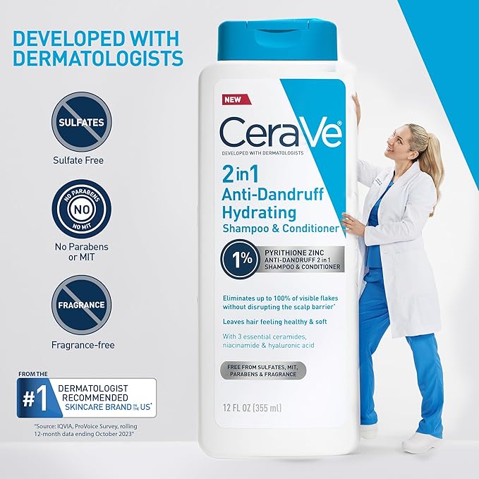 CeraVe 2 In 1 Hydrating Anti Dandruff Shampoo And Conditioner, 1% Pyrithione Zinc Dandruff Treatment, Color Safe & Sulfate Free Shampoo And Conditioner, Helps Eliminate Dandruff & Relieve Itchy Scalp