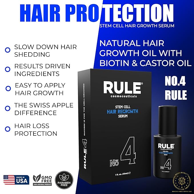 RULE No.4 Stem Cell Hair Growth Serum, Natural Oil with Biotin, Castor Oil & DHT Blocker Saw Palmetto for Thicker Fuller Longer Hair Regrowth, Scalp Serum Hair Loss Treatments for Men & Women