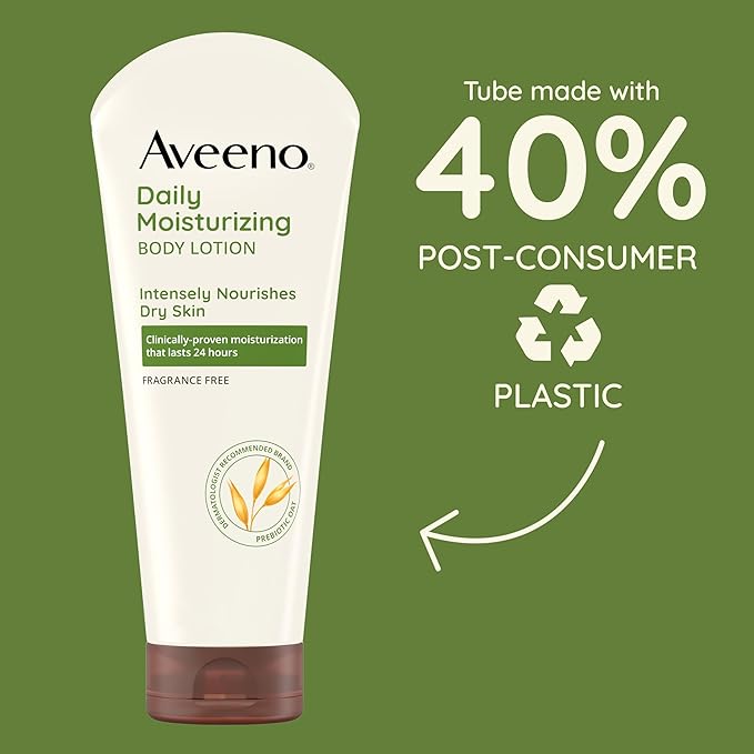 Aveeno Daily Moisturizing Body Lotion, Body Lotion for Dry Skin with Prebiotic Oat, Paraben Free, Fragrance Free, Non-Greasy, Non-Comedogenic Moisturizer, 8 FL OZ