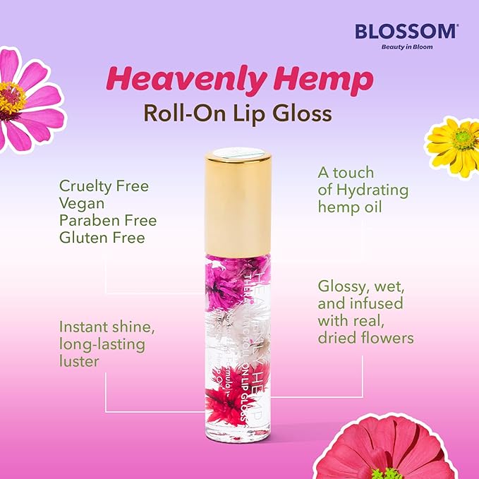 Blossom Roll on Lip Gloss, Scented Clear High Shine Moisturizing Lip Oil, Non Sticky, Infused with Real Flowers, Made in USA, 0.2oz, Watermelon Hemp