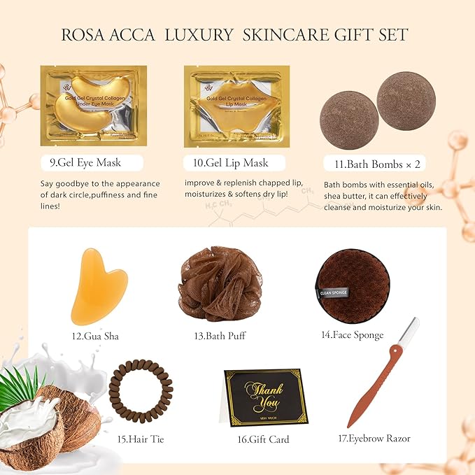 Coconut 23 Pcs Facial Skin Care Sets For Women & Men, Self-Care Gift Set, Spa Relaxation Kit, Birthday, Christmas, Valentines, Mother Day, Dad, All Occasion Present