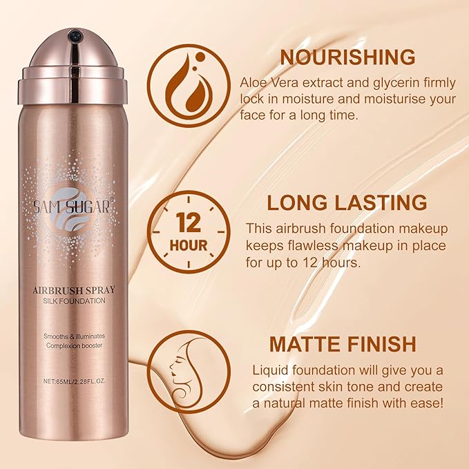 AirBrush Foundation Spray Set, Spray Foundation Makeup and Hydrating Face Primer Kit, Longwear Waterproof Liquid Matte Foundation Mist for Flawless Look, Brush and Sponge Include (#3 Nude)