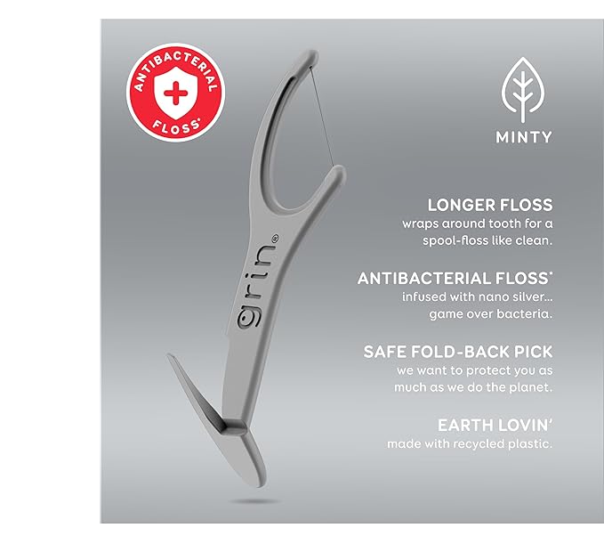 GRIN Silver Flosspyx 75 Count, Dental Flossers, Minty Flavor, Recycled Plastic, for Tight Teeth, Premium Longer Floss Head, Cleans Between Teeth, Includes Safe Soft Fold-Back Tooth Pick