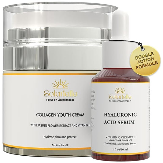 "SOLARIELLE Anti-Aging Skincare Set | Hyaluronic Acid Serum & Collagen Cream | Face & Neck Duo for Wrinkle Reduction | Natural Peptide Formula"