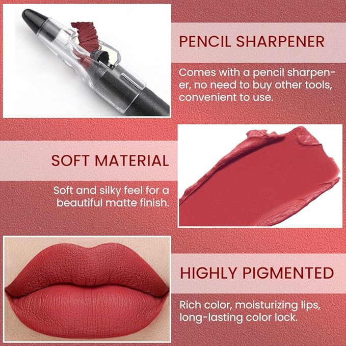 Cherry Red Crayon Matte Lipstick Lip Liner Pencil, Moisture Smooth Lipstick Pencil, With pencil sharpener Sharpenable Lip Pencil, Ultimate Lip Crayon for Women Smudgeproof Waterproof 03#