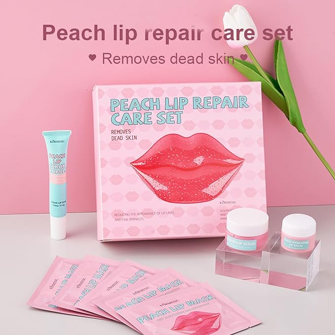 4 In 1 Peach Lip Care Kit With Lip Exfoliator Scrub And Moisturizer, Peach Scrub Bubble, Hydrating Lip Mask, Lip Scrubs Gentle Exfoliating, Instant Moisturizing, Lip Balm Hydrating For Very Dry Lips