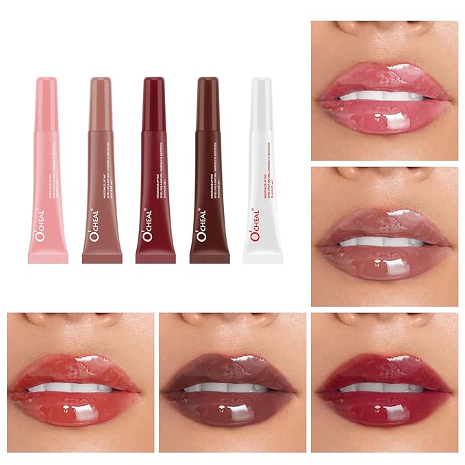 5 Pcs Hydrating Lip Gloss Lip Jam Set, High Shine Glass Finish Nude Colors Moisturizing Glitter Plumping Lip Gloss Shiny Jelly Liquid Lipstick for Girls and Women