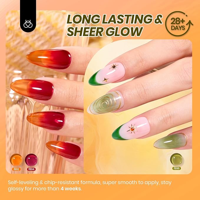 Beetles Jelly Gel Nail Polish Set - 6 Colors Yellow Orange Burgundy Red Purple Green Fall Gel Polish Kit Sheer Translucent Effect Soak off UV Nail Art Autumn Prism Series Manicure Gift for Women