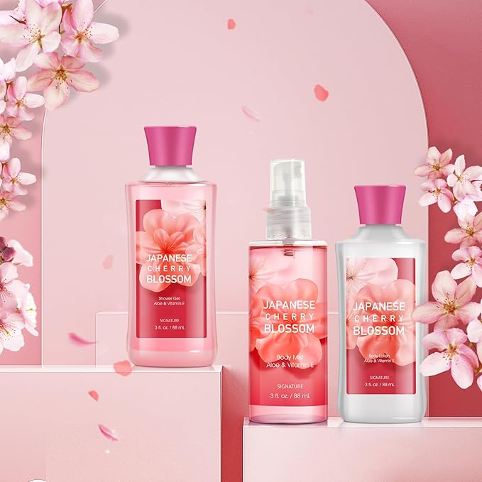 Bath Gift for Women and Girls, Japanese Cherry Blossom Spa Set With Natural Extracts, 3PCS Set - Shower Gel, Lotion, Mist, Personal Self Care Kit, Body Care Travel Set