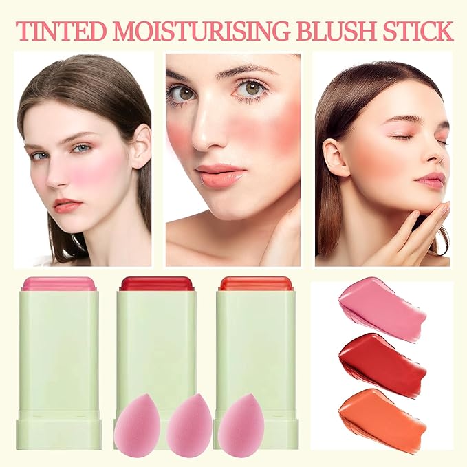 3 Colors Blush Stick,Multi-Use Cream Blush,Waterproofing Highly Pigmented Makeup Stick,Moisturizing Makeup Cream Set with Blender Sponge