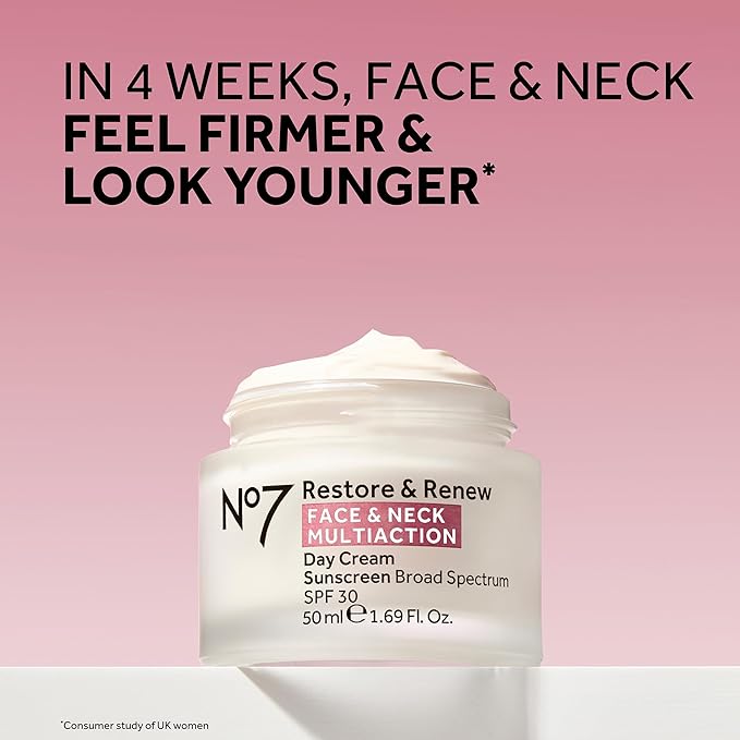 No7 Restore & Renew Multi Action Face & Neck SPF 30 Day Cream - Firming & Hydrating Face Moisturizer with Hyaluronic Acid to Help Visibly Reduce the Appearance of Wrinkles (1.69 Fl Oz)