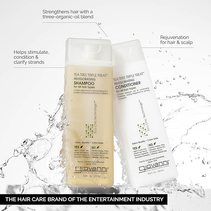 GIOVANNI Tea Tree Triple Treat Invigorating Shampoo & Conditioner Set - Cooling Peppermint, Eucalyptus, Rosemary, Helps Dry, Flaky Scalp, Salon Quality, Vegan, Cruelty Free - 8.5 oz Each