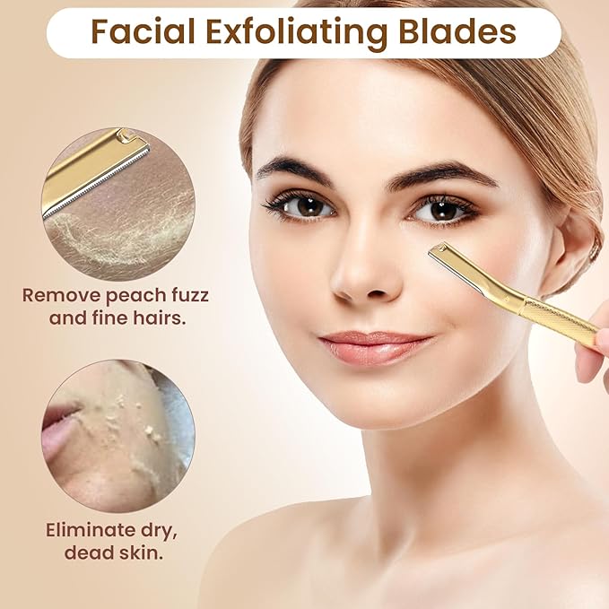 Dermaplaning Tool for Face, Dermaplane Razor for Peach Fuzz with Metal Grip, Professional Eyebrow Razor for Women, Facial Razor for Women Gold (12 Replaceable Blades)
