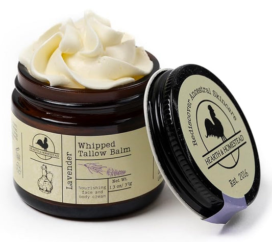 Handmade Whipped Tallow Balm, Organic, Moisturizer, Body Butter with Infused Olive Oil, for Eczema, Rosacea, Baby (Lavender)