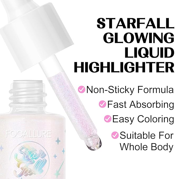 FOCALLURE Starfall Glowing Liquid Highlighter, Shimmering Body Oil, Non-Sticky Shimmer Liquid Luminizer, Non-Greasy, Face & Body Glitter Makeup for Costumes, Cosplay, Rave Festival, ORION