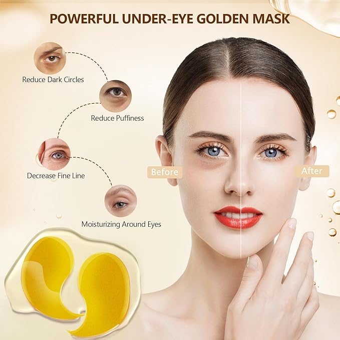 60 Pcs 24K Gold Under Eye Patches, 30 Pairs Undereye Mask for Dark Circles Puffy Eyes Treatment, Collagen Gel Pads Hydrating for Puffiness Wrinkle Eye Bags, Women Men Beauty Skin Care Products