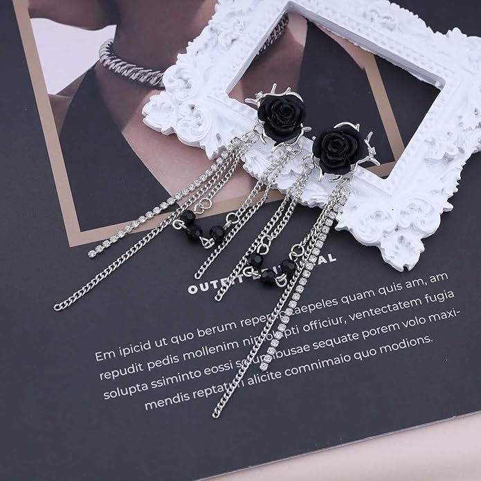 Punk Black Rose Flower Earring Long Rhinestone Chain Drop Earrings Silver Cz Tassel Chain Earrings Black Rose Flower Ear Cuff Earring Jewelry for Women
