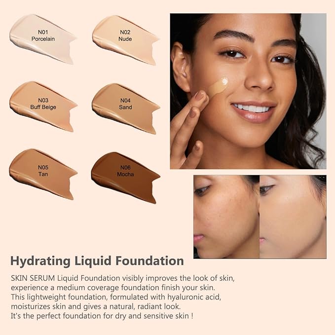 MAEPEOR Hydrating Foundation 6 Colors Full Coverage Liquid Foundation Naturally Mattle Oil-Control Foundation for All Skin Tone (04 Sand)