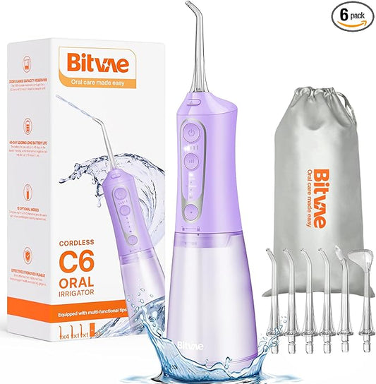 Bitvae C6 Water Flosser Teeth Picks, Cordless Water Dental Flosser for Travel with 6 Jet Tips, 15 Care Settings, IPX7 Waterproof Portable & Rechargeable Water Teeth Cleaner Picks, Purple