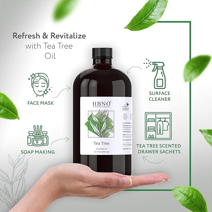 HBNO Tea Tree Oil - Huge 32 oz (950ml) Large Size - Ideal for Diffusers, Cleaning Agents, Deodorizers, and Flavoring Agents.