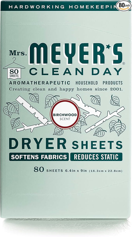 MRS. MEYER'S CLEAN DAY Dryer Sheets, Fabric Softener, Reduces Static, Infused with Essential Oils, Birchwood, 80 Count