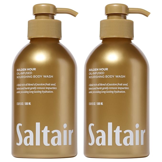Saltair Body Wash, Golden Hour 2-Pack. Moisturizing Body Cleanser with Hydrating Ingredients. Luxury Shower Gel for Women and Men. Vegan, Cruelty-Free, Paraben-Free. 2x 17oz Pump Bottles