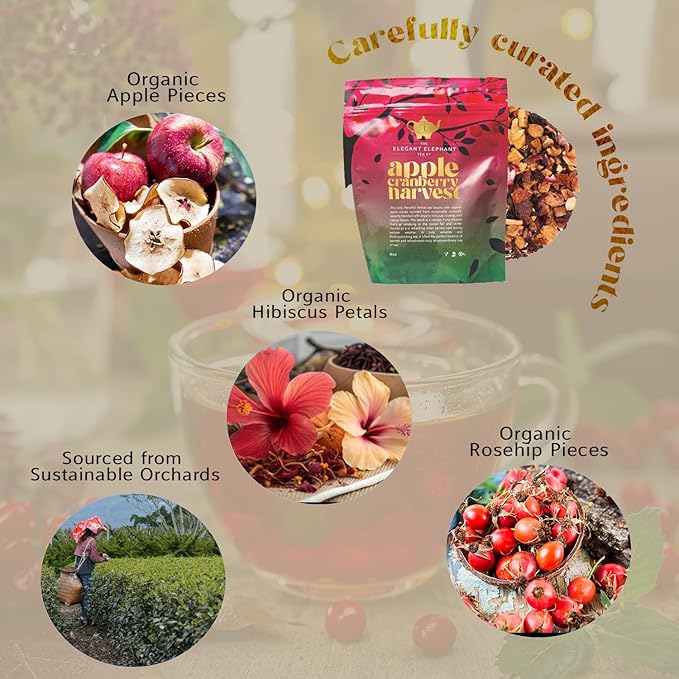 Apple Cranberry Harvest Tea, Organic Loose Leaf Herbal Tea – Real Fruit, Summer Juice, Caffeine-Free, Refreshing Sweet Iced Drink – 4 oz Resealable Bag (Makes 50 Cups)