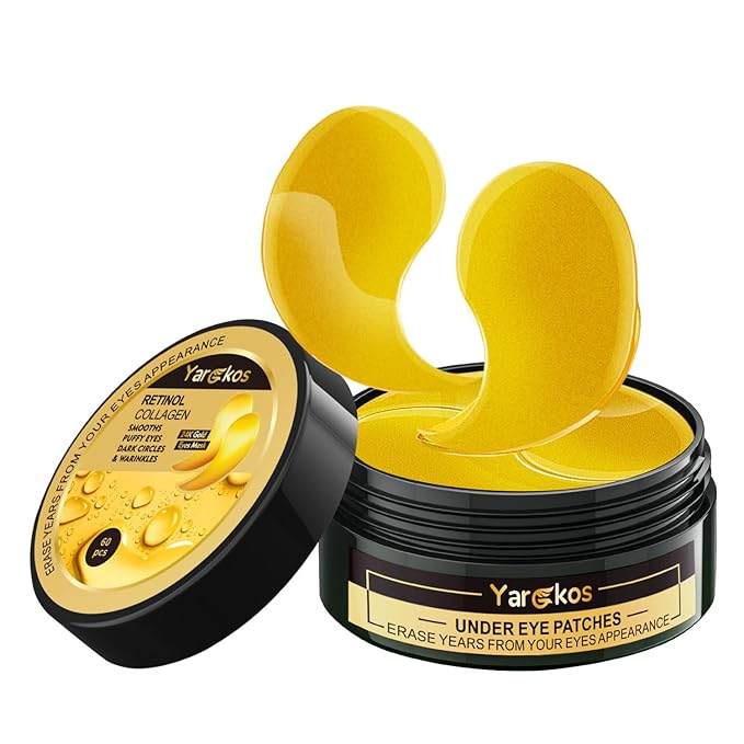 60 Pcs 24K Gold Under Eye Patches, 30 Pairs Undereye Mask for Dark Circles Puffy Eyes Treatment, Collagen Gel Pads Hydrating for Puffiness Wrinkle Eye Bags, Women Men Beauty Skin Care Products