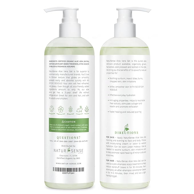 NaturSense Organic Aloe Vera Gel from 100% Pure Aloe–Great for Hair, Scalp, Face, Dry Skin, Acne, Sunburn, Sensitive Skin–Unscented, USDA Certified–12 oz.