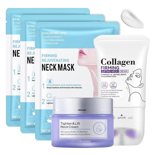 2PCS Neck Firming Cream and Neck Mask Set,Non-greasy Tighten Lift Firming Face Cream Skincare Moisturizer, 3 Pieces Deep Moisturizing Masks for Tightening, All Skin Type, 5 Pack