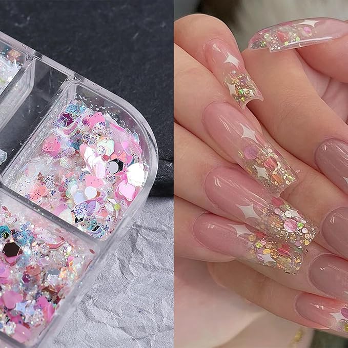 12 Grids Star Nail Art Glitter Sequins Heart Shaped Mermaid Nail Sequins Holographic Mermaid Nail Flakes Sticker Sequin Heart Nail Art Glitter for Women DIY Acrylic Nail Decoration