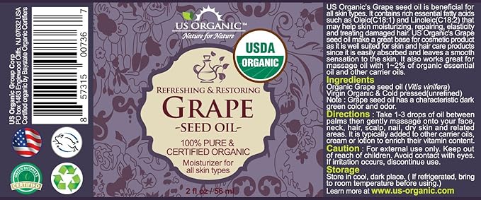 US Organic Grape Seed Oil, USDA Certified Organic, 100% Pure & Natural, Cold Pressed Virgin, Unrefined, in Amber Glass Bottle w/Glass Eye dropper for Easy Application (2 oz (56 ml))