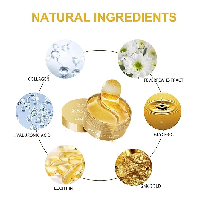 Under Eye Patches, Eye Mask, Eye Patches for Puffy Eyes and Dark Circles Reduce Eye Bags Fine Lines Smooth Wrinkle, Anti-Aging,Hydrating, 24K Gold Eye Skin care Pads with Collagen (60PCS)