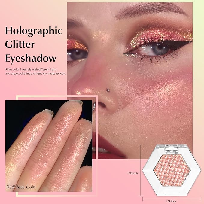 Rose Gold Glitter Eyeshadow Palette, Multichrome Chameleon Cream to Powder Eye Shadow, Color Shifting Holographic Eyeshadow Shimmer Inner Corner Eye Brightener Highlighter Makeup