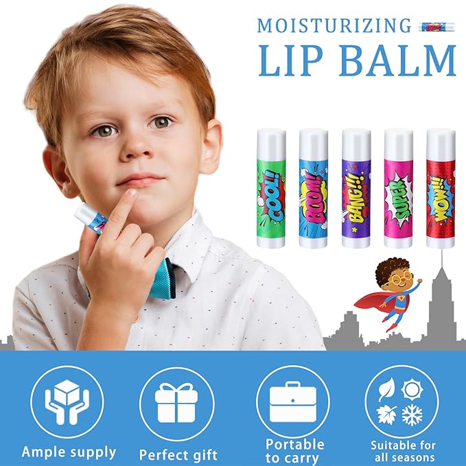 100 Pcs Hero Party Favors Lip Balms Bulk for Kids Birthday Party Moisturizing Lip Balm for Hero Themed Celebration Gifts Lip Care Products for Classroom Rewards Favor Party Supplies