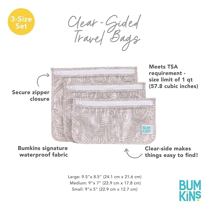 Bumkins Travel Bag, Toiletry, Baby, TSA Approved Pouch, Zip Bag, Quart Size Airline Compliant, Clear-Sided, Diaper Bag Organization, Makeup, Accessories, Set of 3 Sizes, Desert Boho