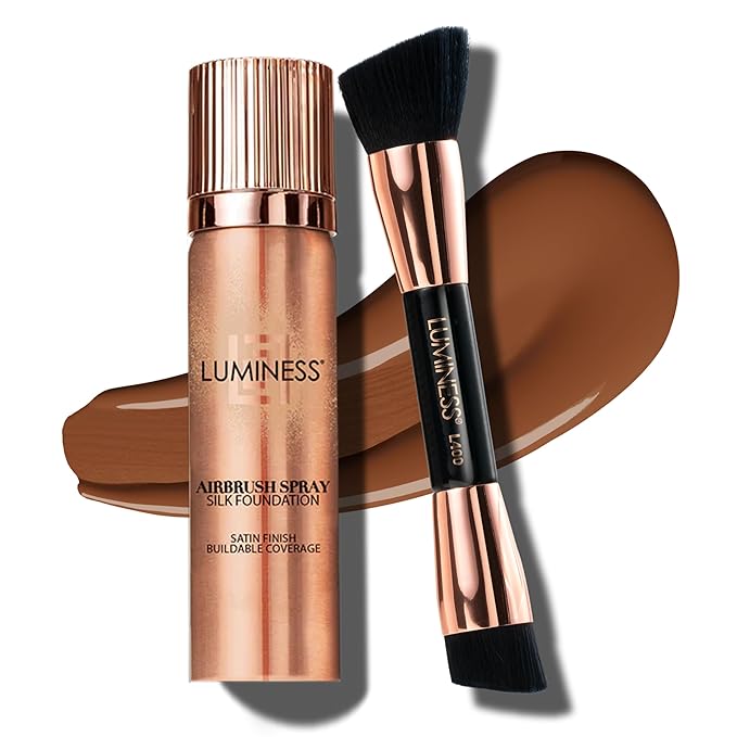 LUMINESS Silk Airbrush Spray Foundation & Buffing Brush Kit – Full Coverage Foundation & Dual-Sided Buffing Brush - Buildable Coverage, Anti-Aging Formula Hydrates & Moisturizes (Shade - Deep)