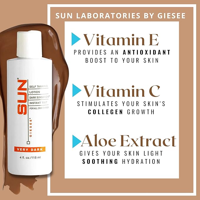 Sun Laboratories By Giesee Dark Sunsation Sunless Tanning Lotion 4 oz - Fragrance-Free, Non-Toxic, Organic Tanning Lotion, Dark Self Tanner, Natural Self Tanning Lotion for Face and Body