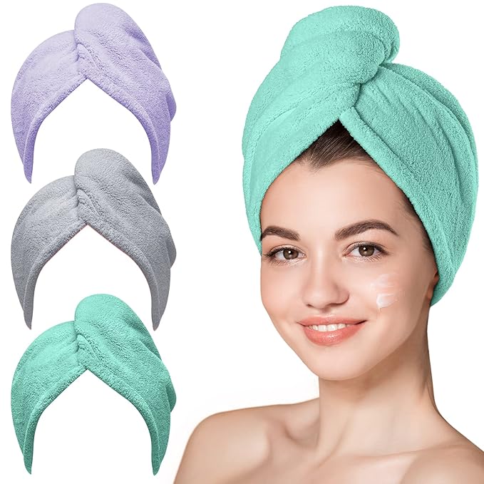 Hicober Microfiber Towel, Turbans for Wet Hair, Drying Wrap Towels for Curly Hair Women Towel Wrap for Kids-Purple,Green,Grey-Pack of 3