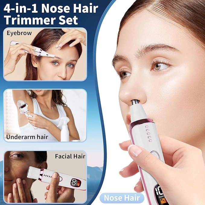 2025 Rechargeable Nose and Ear Hair Trimmer With LED Dispaly for Women Men,4 in 1 Painless Eyebrow & Facial Hair Trimmer with Powerful Motor,Ladies Wet & Dry Electric Razor for Travel (Pink)