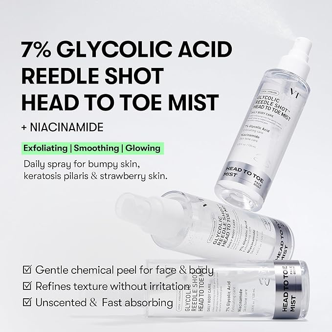 VT COSMETICS 7% Glycolic Acid Reedle Shot Head-to-Toe Mist with Niacinamide, Exfoliating Spray for Bumpy & Strawberry Skin, Dark Spots, Skin Texture, Keratosis Pilaris, Korean Skincare (4.05 fl oz)