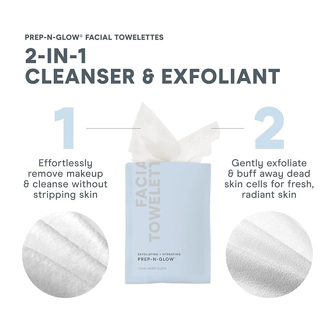 NuFACE Prep-N-Glow Facial Towelettes - 2-in-1 Exfoliating + Cleansing Makeup Remover Wipes, Hyaluronic Acid Travel Face Wipes to Hydrate & Brighten for Glowing Skin - 20 Individually Wrapped Cloths