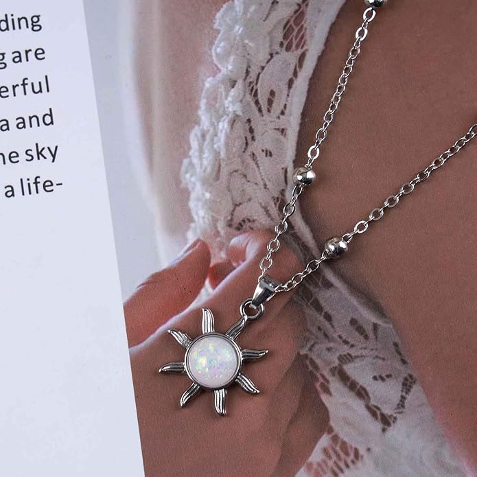 Vintage Opal Crystal Sun Pendent Necklace Opal Sunburst Necklace Moonstone Sun Choker Necklace Gold Ball Chain Necklace Jewelry for Women (Gold)