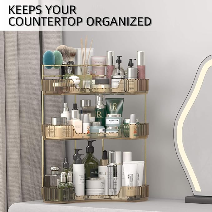 Corner Bathroom Counter Organizer with Top Toothbrush Holders, 3-Tier Make Up Organizers for Vanity with Brush Holder, Corner Storage for Bathroom, Kitchen, Dresser