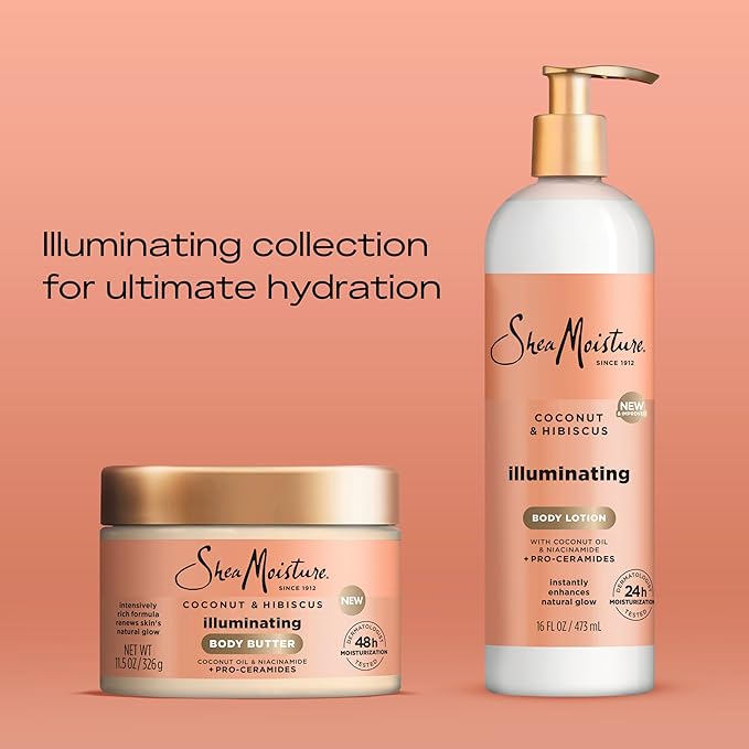 SheaMoisture Illuminating Body Lotion with Coconut Oil, Hibiscus, Niacinamide and Pro-Ceramides, Instantly Enhancing Skin's Natural Glow, 24H Moisturizing 16 oz